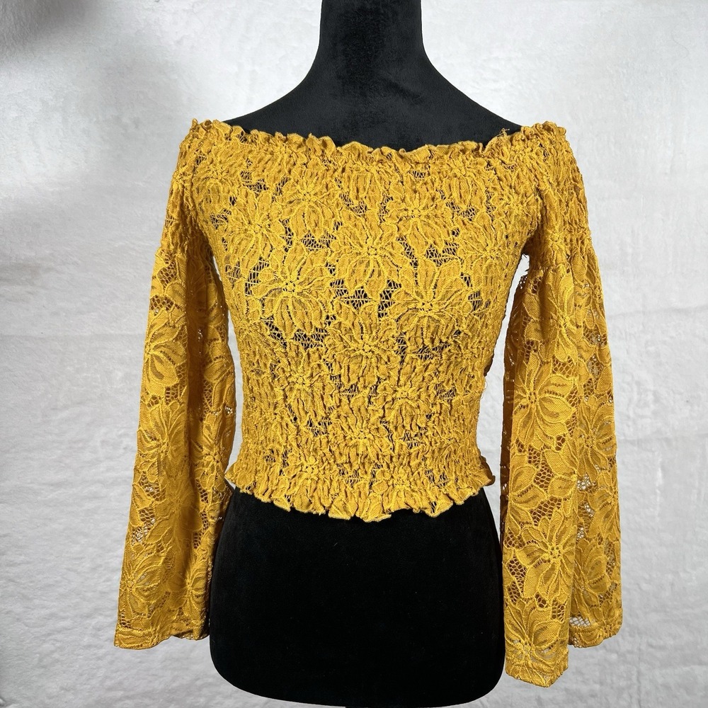 Lace Smocked Crop Top Blouse Large Bell‎ Sleeves Women Boho Y2K Whimsy Romantic